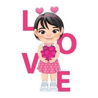 día de san valentín con niña abrazando ramo de rosas vector de diseño de personajes de dibujos animados