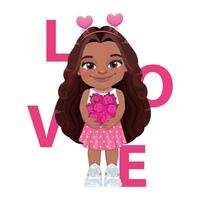 día de san valentín con una niña africana americana abrazando un ramo de rosas vector de diseño de personajes de dibujos animados