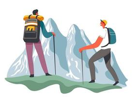 Hiking and traveling with backpacks in mountains vector