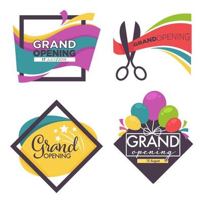 Ribbon and scissors balloons and confetti grand opening isolated icons vecto
