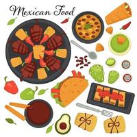 colección de recetas y comidas de la cocina tradicional mexicana. postres y aperitivos, taco con ingredientes picantes, verduras y carne en plato. vector