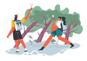 Friends hiking or traveling in forest or park vector