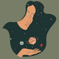 Female character holding planets in outer space vector