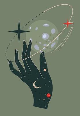 Hand touching moon or fantasy planet, outer space