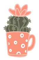 Blooming cactus growing in cup with handle vector