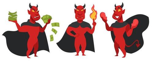 Devil with money, fire and broken heart character vector