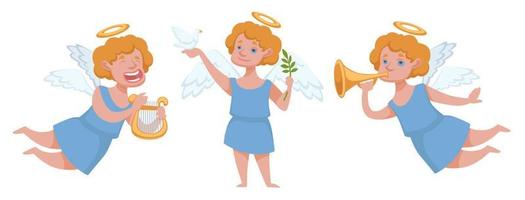 Angel with trumpet and harp, boy cupid character vector