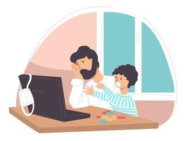Upset dad and son sitting by laptop at home vector