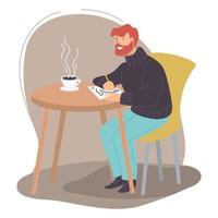 Man drawing on notebook sitting in cafe by cup vector