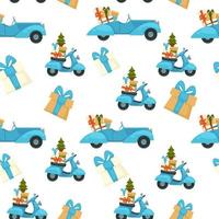 scooter con pino y regalos para navidad vector