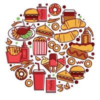 Fast food in circle, snacks and drinks dinner vector