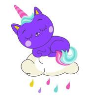 Unicorn kitty sleeping on cloud with raindrops vector