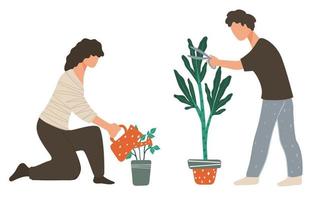 People caring for plants, watering and cutting vector