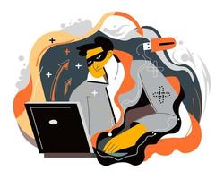 Hacker with laptop, cyber attack and crimes vector