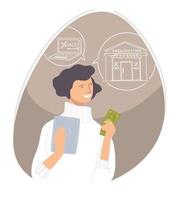 Woman thinking what to buy, shopping money vector