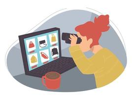 Woman searching for clothes in internet on web vector