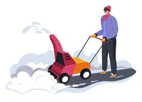 Person cleaning snow outside with help of machine vector