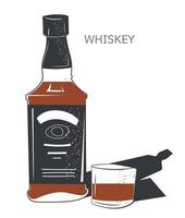 Whiskey alcoholic beverage in bottle and glass vector