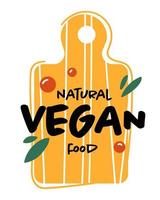 comida vegana natural, emblema en vector de tabla de cortar