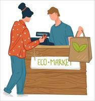 Woman shopping in eco market, lady at counter vector