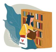 Female character choosing book to read in store vector