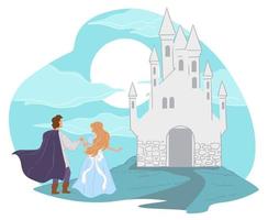 Prince leading princess to kingdom, fairy tale vector