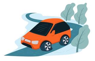 Car on icy road, driving automobile in winter vector