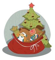 Pine tree and bag with presents for New Year xmas vector