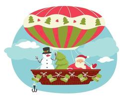 Xmas characters in air balloon, Santa and pine vector