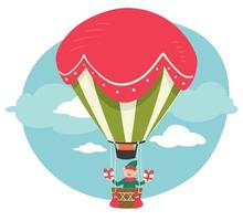 Elf with presents for Christmas, hot air balloon vector