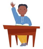 Schoolboy raising hand at lesson, boy sitting by table vector