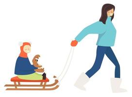 Mother pulling sled with child holding plush bunny vector