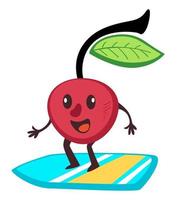 Sportive cherry berry surfing on board, summer sports vector