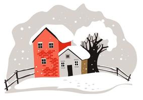 casas y árboles cubiertos de nieve, paisaje invernal vector