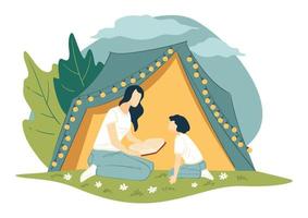 Mom reading stories to kid sitting by tent vector