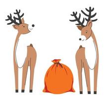 renos con saco de regalos, tiempo de navidad vector