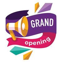 Grand opening soon, banner with megaphone and ribbon vector