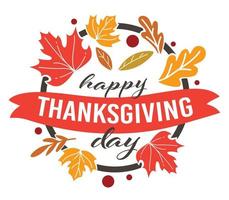 Happy Thanksgiving banner with autumn leaves and ribbon vector