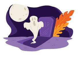 Ghost raising from grave in full moon, halloween mysteries vector