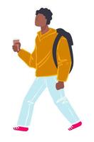 Student walking holding cup of coffee, teenage student vector