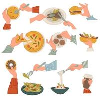 Eating italian and american cuisine dishes with hands vector