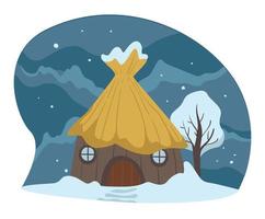 paisaje de invierno de campo, casa cubierta con vector de nieve