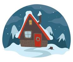 Winter landscape at night, house and snowing weather vector