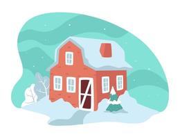 House with snowy rooftop, winter landscape in countryside vector