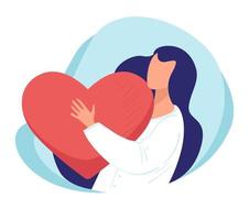 Woman hugging heart, lady showing love to organism vector