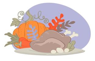 Ripe harvested pumpkin and prepared turkey for thanksgiving vector