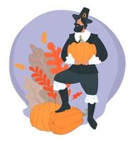 Thanksgiving holiday, pilgrim wearing hat holding pumpkin autumn season vector