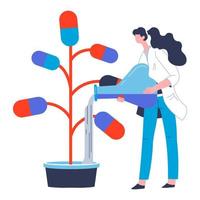 Pharmaceutical industry, woman scientist pouring tree of capsules vector