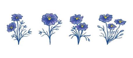 Set of Hand Drawn Blue Flax Flowers Watercolor Clip Art Vector Graphics 02