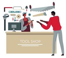 tienda de herramientas, vendedor de tienda que vende instrumentos al cliente vector